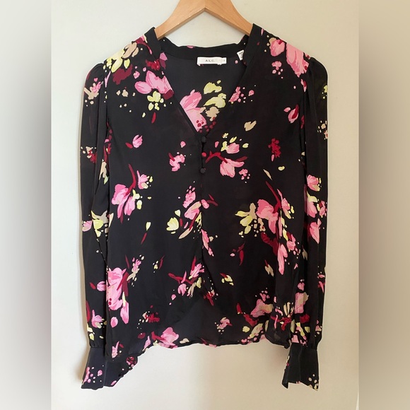 A.L.C. Rivera Silk Black Long Sleeve Floral Blouse Size 2 or Small - Picture 2 of 12